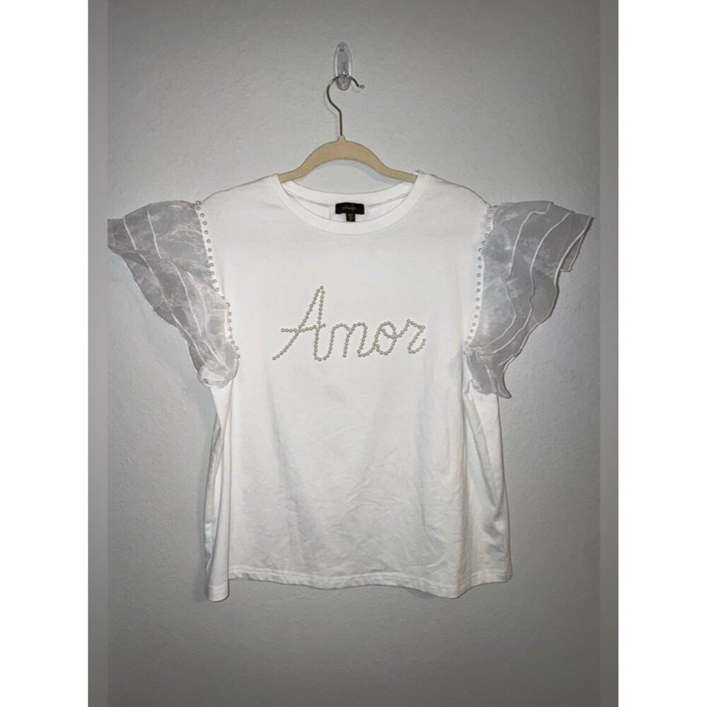 Pearl-Appliqué 'Amor' Ruffle Sleeve Tee - White - Women's